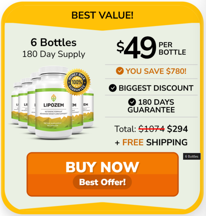 Lipozem Weight Loss Supplement - Special Offer: 6 Bottles at $49 Each, Save $780 with 180-Day Guarantee.