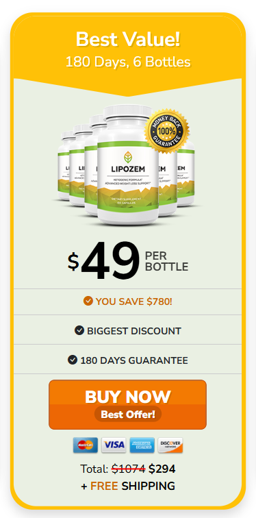 Lipozem Weight Loss Supplement - Special Offer: 6 Bottles at $49 Each, Save $780 with 180-Day Guarantee.